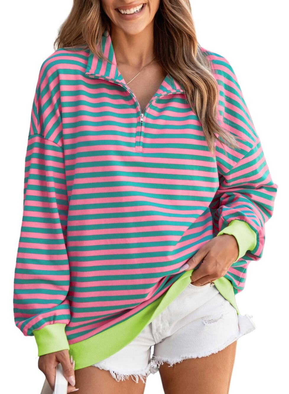 Womens Pullover Quarter Zip Sweatshirt Medium Pink Teal Striped Oversized